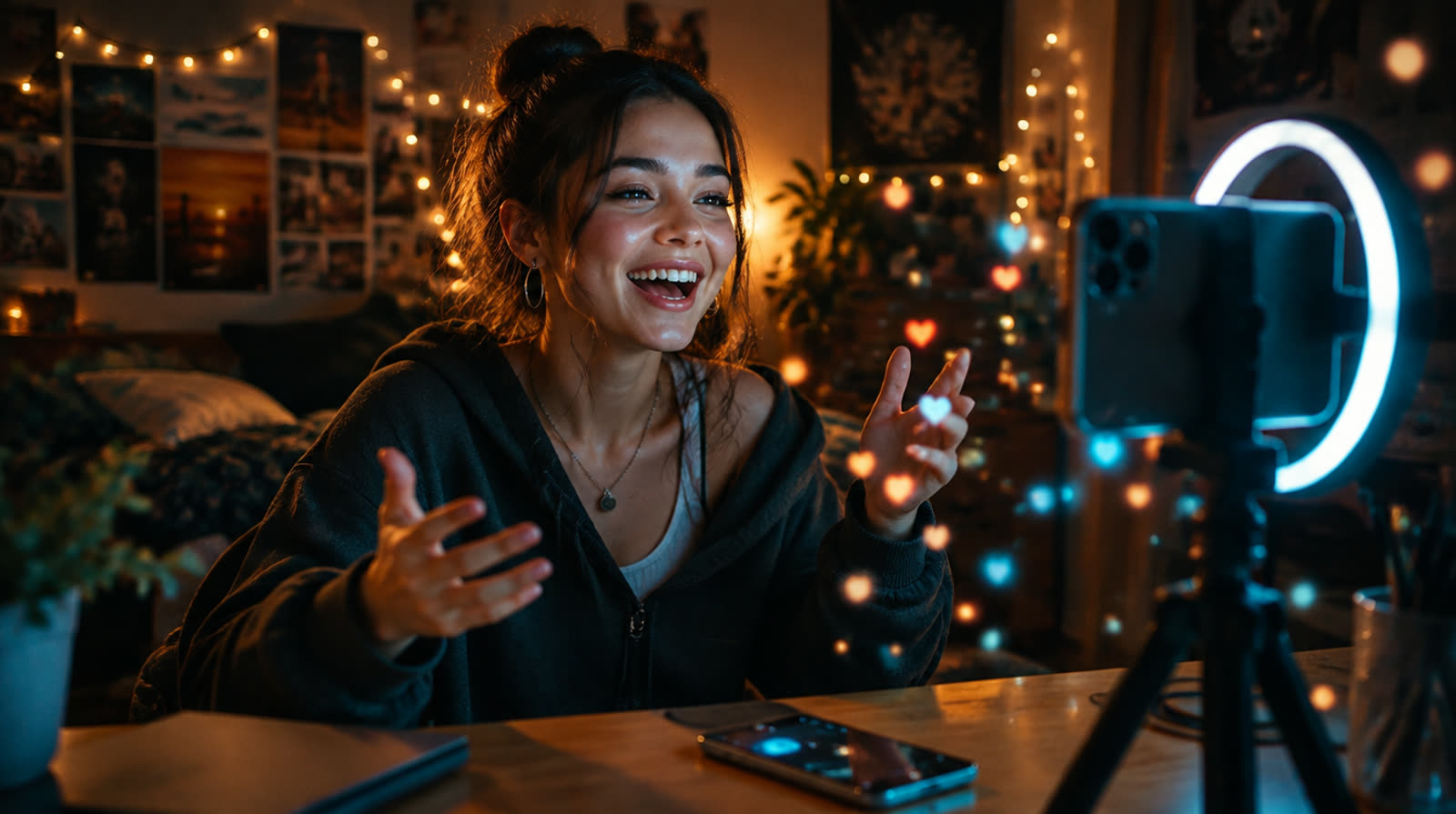 A student creator hosting a live show from a dorm room, ring light on, reactions floating