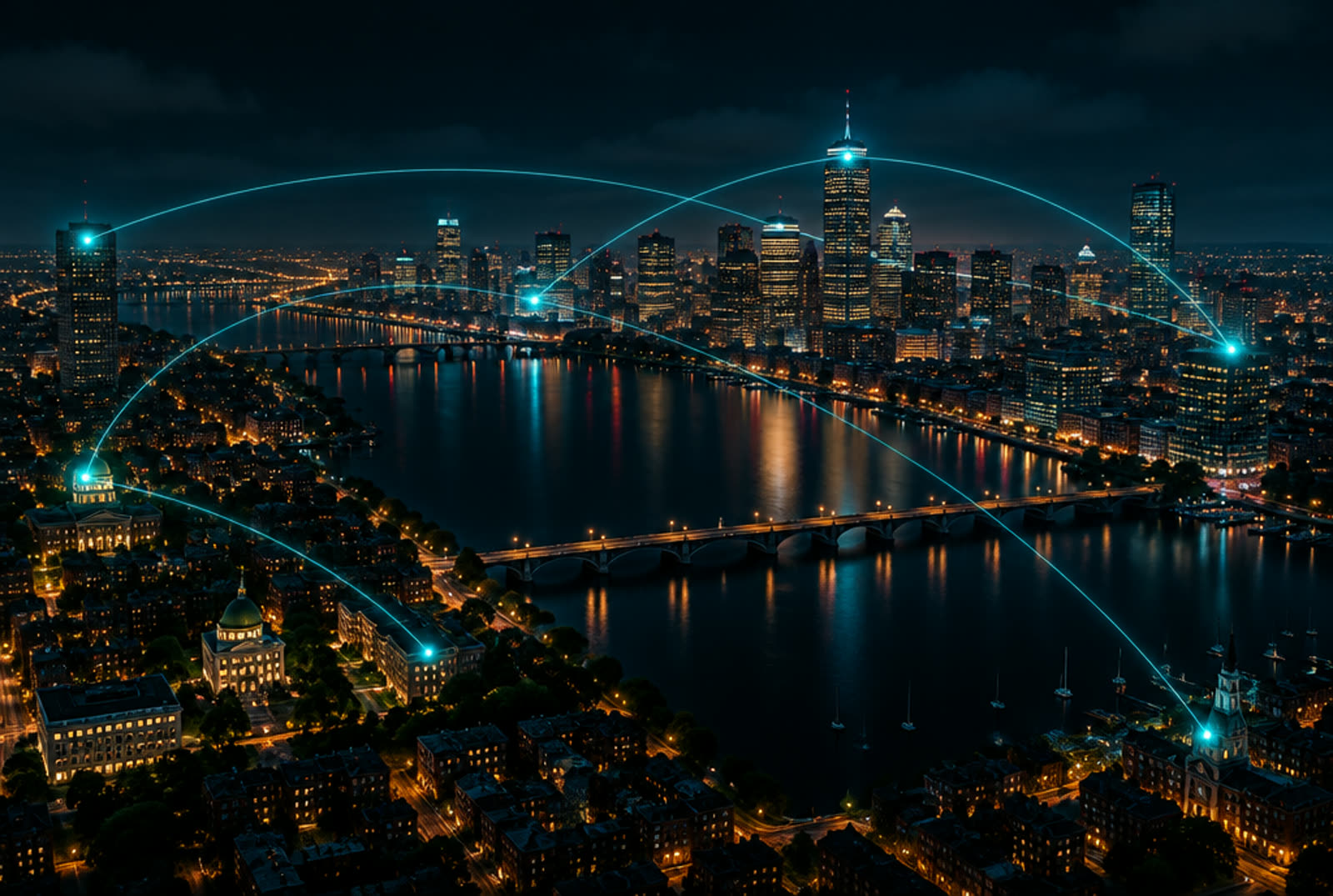 The Boston skyline at night with glowing lines linking neighbourhoods