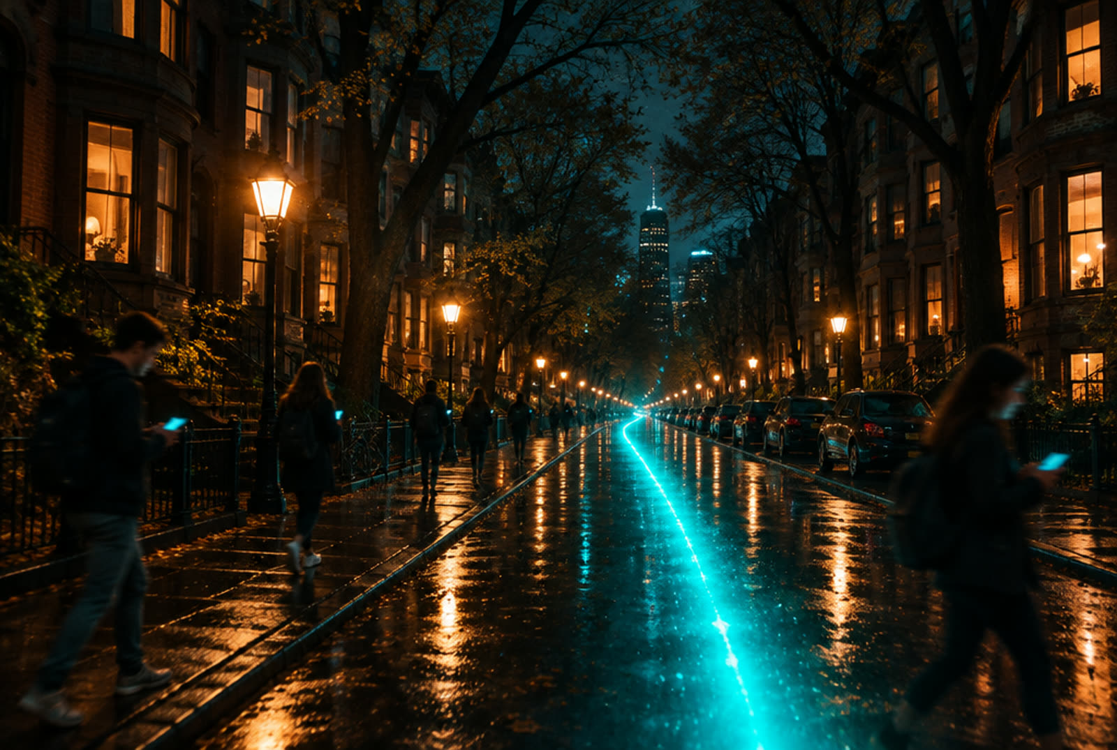 A Boston avenue at night with a turquoise light trail running down it
