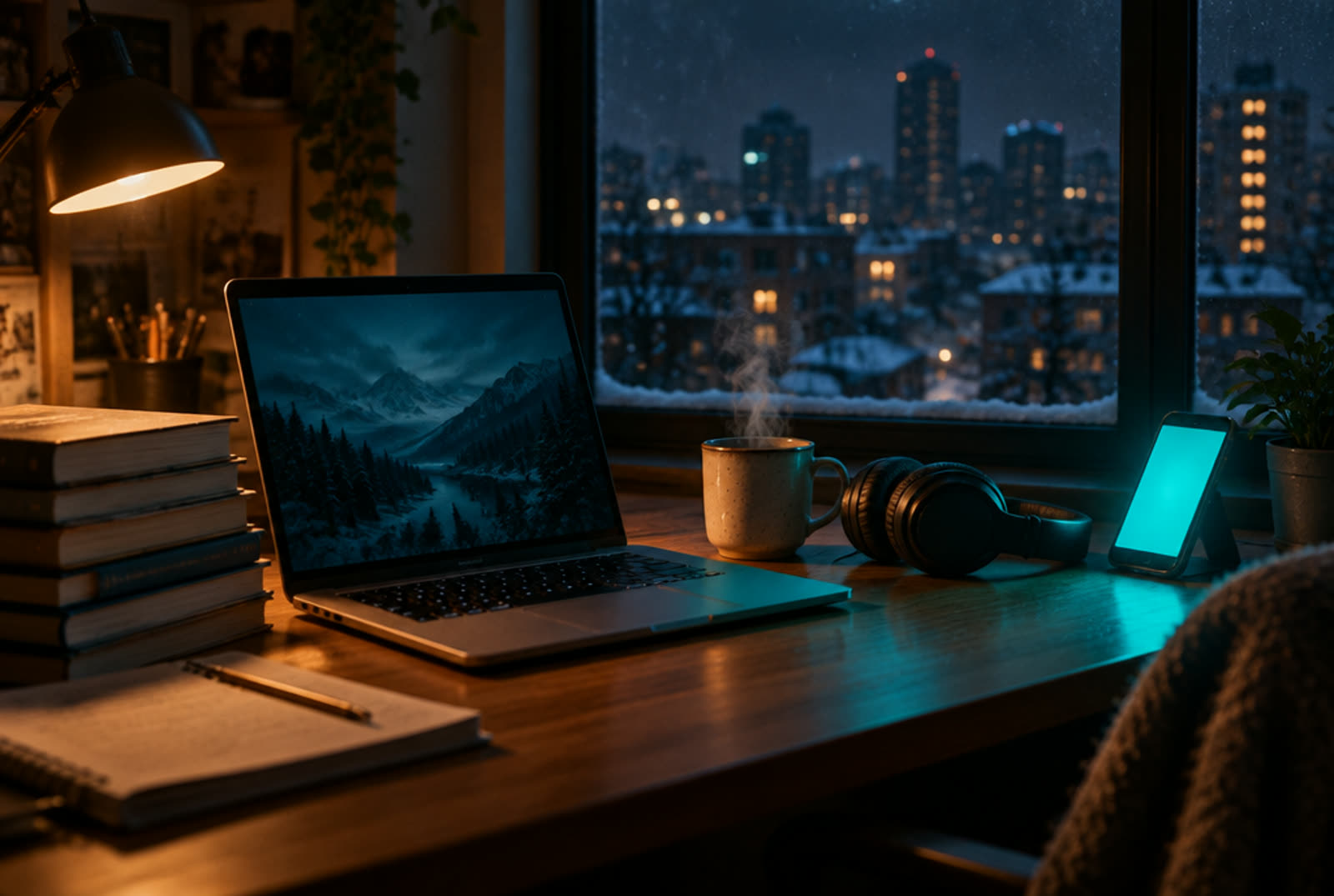 A study desk at two in the morning lit by a phone