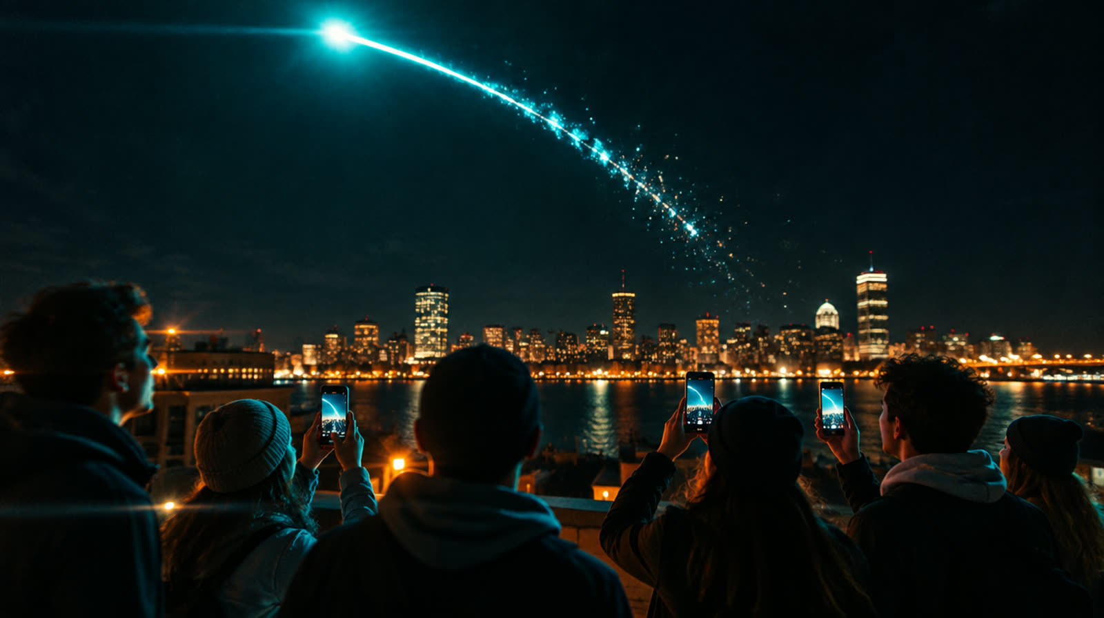 Students on a Boston rooftop at night, phones up, a turquoise rocket trail crossing the sky