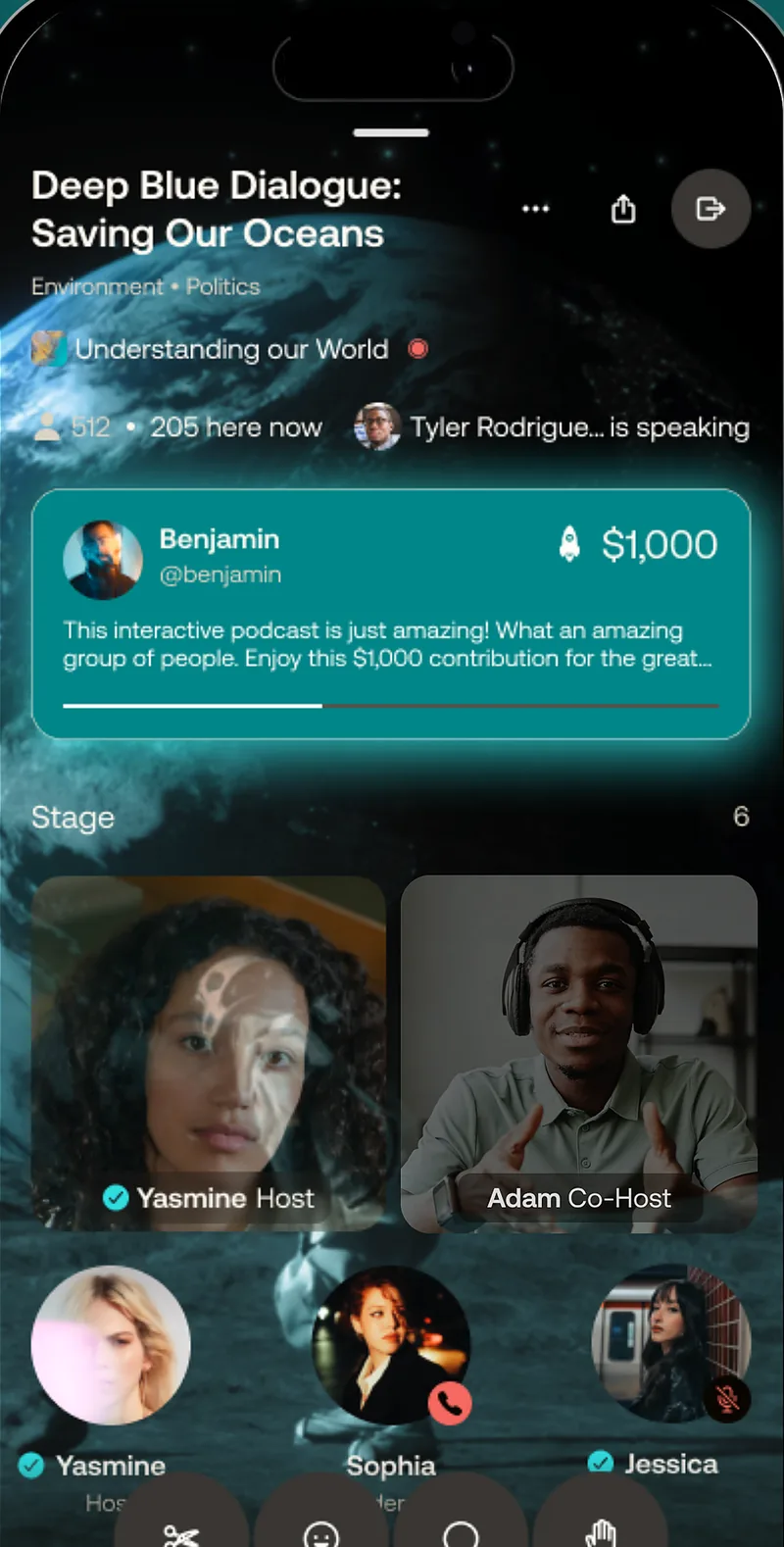 Chatter: a live room with a stage, an audience, and a $1,000 tip landing while the host is talking